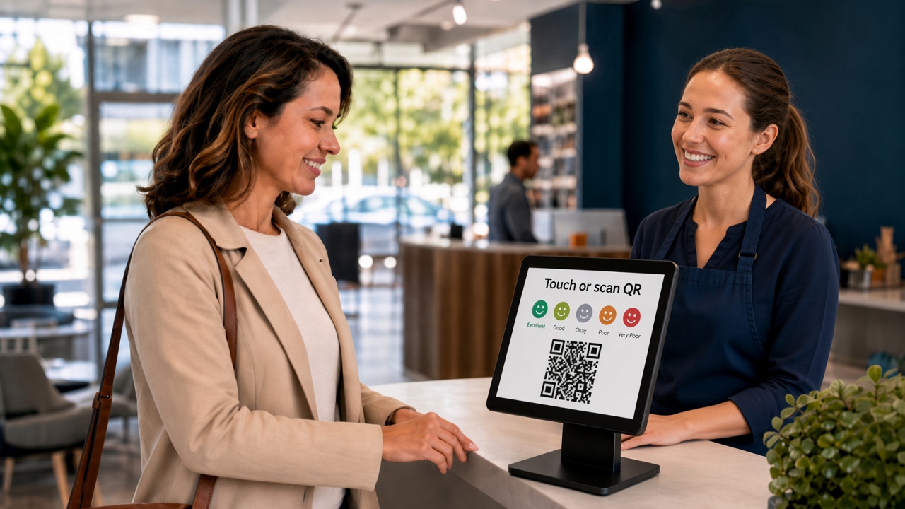 Customer scanning a QR code on their phone to submit feedback at the point of experience