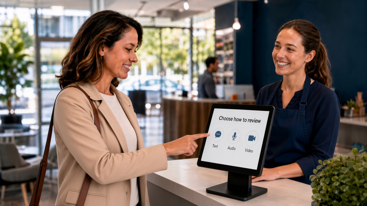 Customer choosing text, audio, or video review on the kiosk with a receptionist